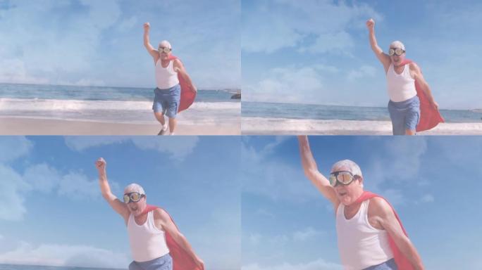 在海滩上穿着超级英雄服装的白人男子身上的云彩动画