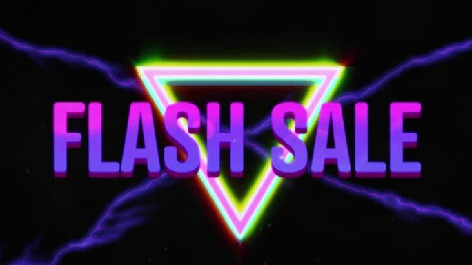 黑色背景上的flash sale文本和霓虹三角动画