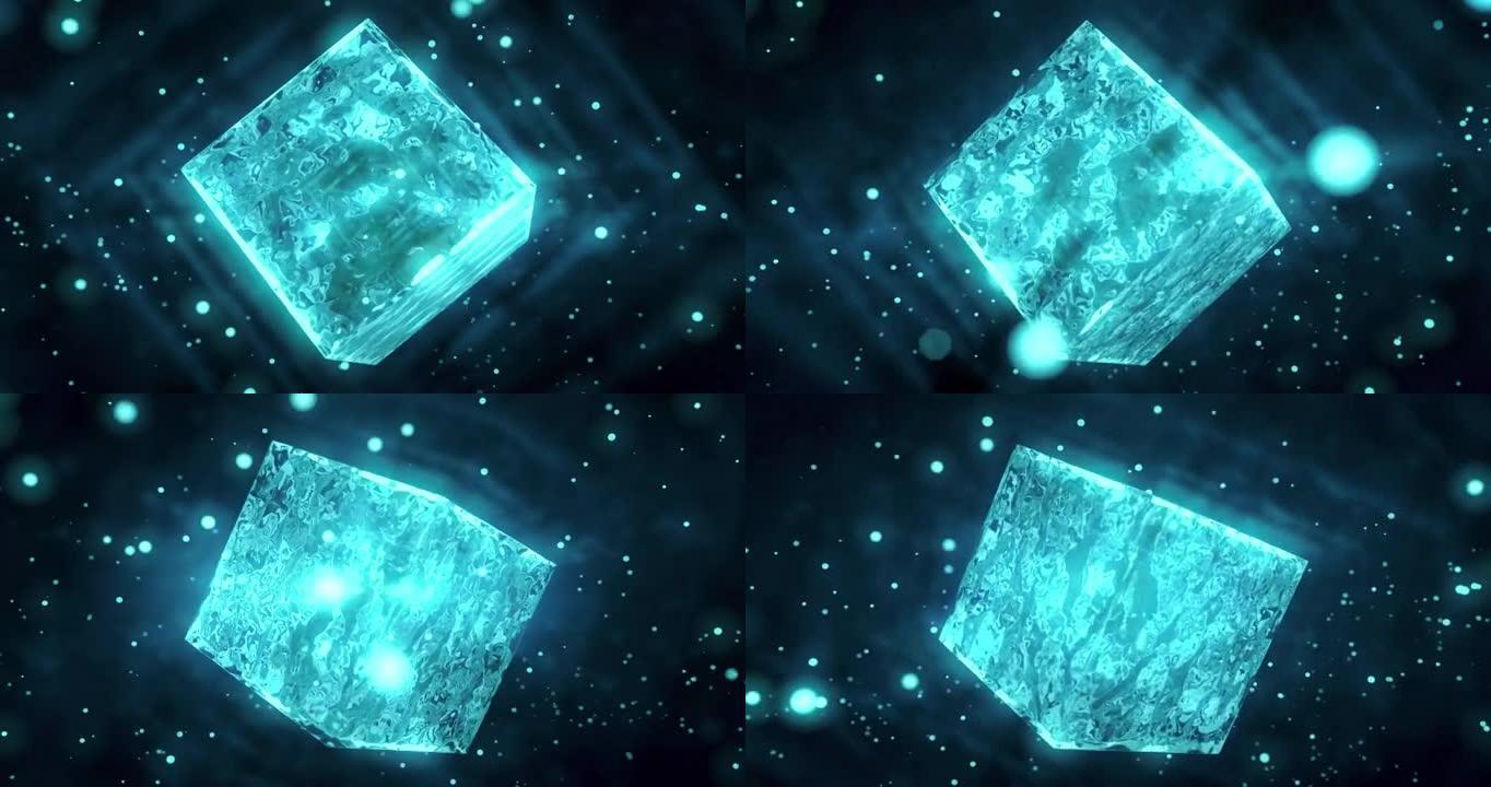 一个在太空中飞行的冰块在黑色背景上，发光的粒子飞成一个圆圈。背景，抽象，光线，冰，寒冷，冬天，霜冻