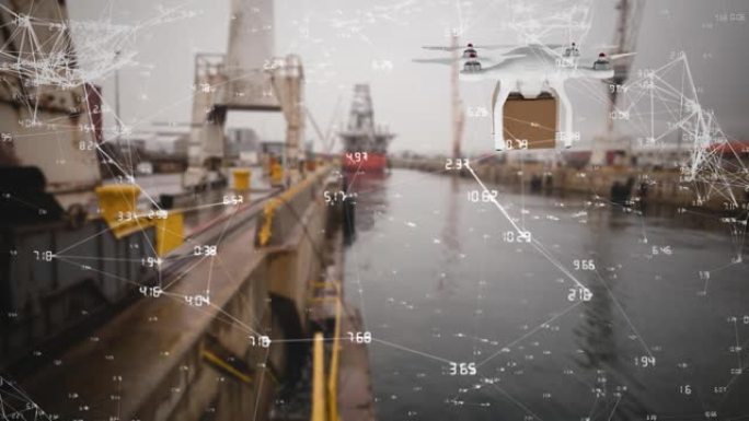无人机上的连接网络与船厂上的包裹的动画