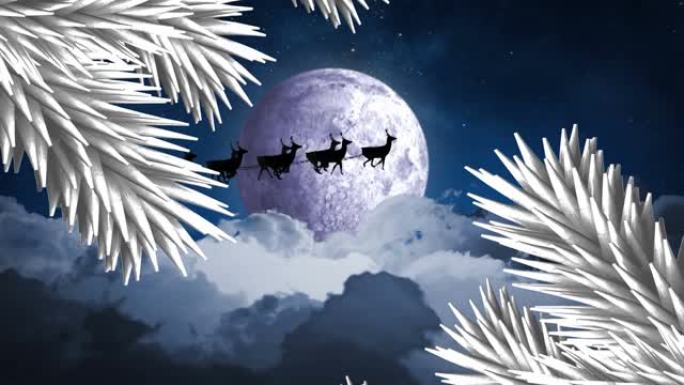 白色的圣诞树树枝在雪橇上的圣诞老人上被驯鹿拉向夜空