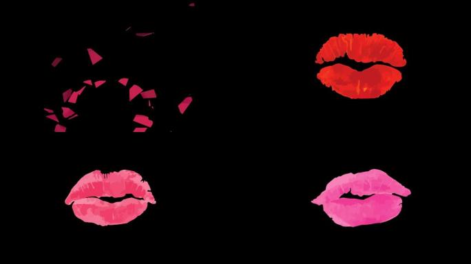 口红吻。动画色彩的嘴唇印上黑色。性感的湿唇妆。红色,粉红色的嘴唇。易于编辑的婚礼，爱情故事视频模板，