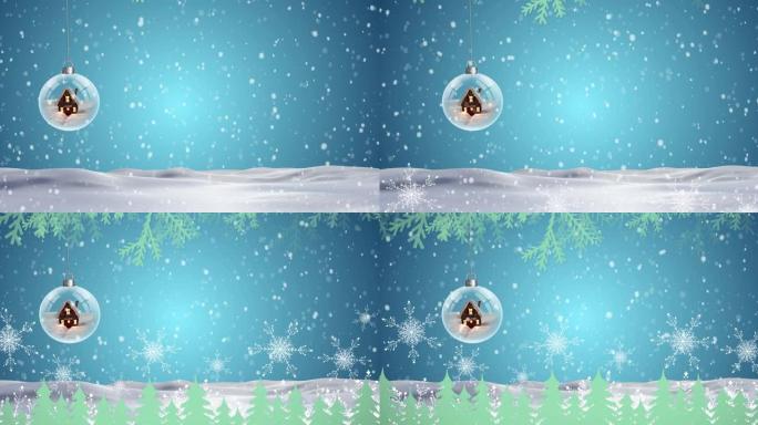 雪落在雪球和枞树装饰上的动画