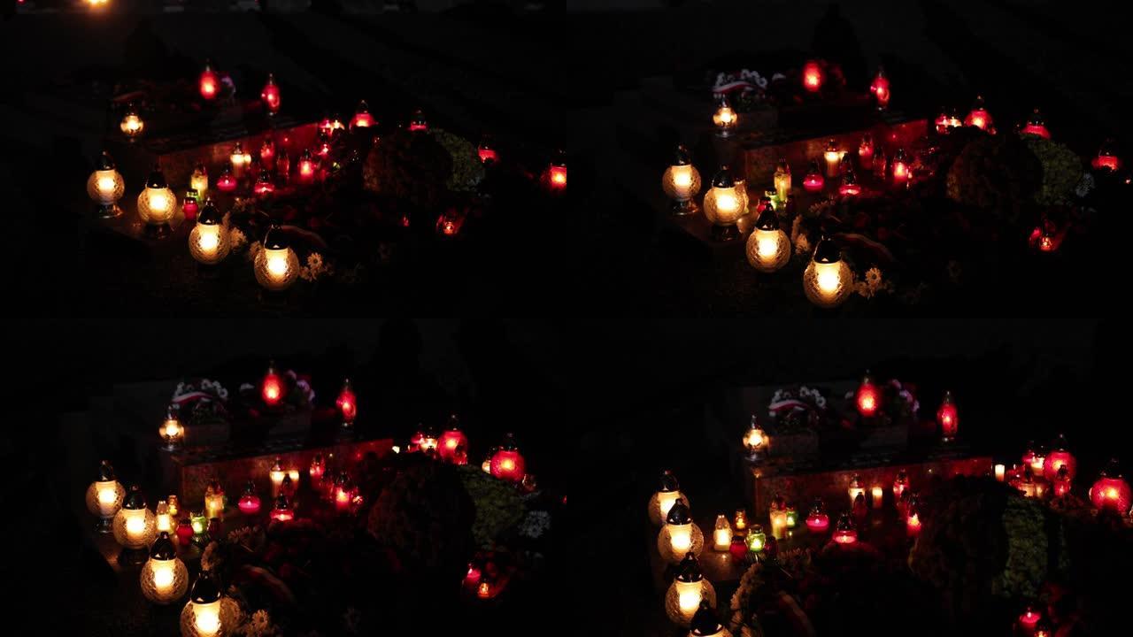 满月夜背景下的墓地灯笼，万圣节概念。