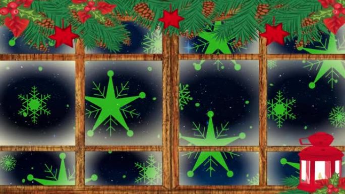 圣诞灯和窗框上的装饰品，面对多个绿色星星图标夜空