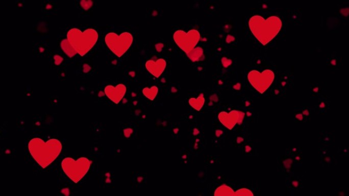 黑色背景上漂浮的红心图标动画