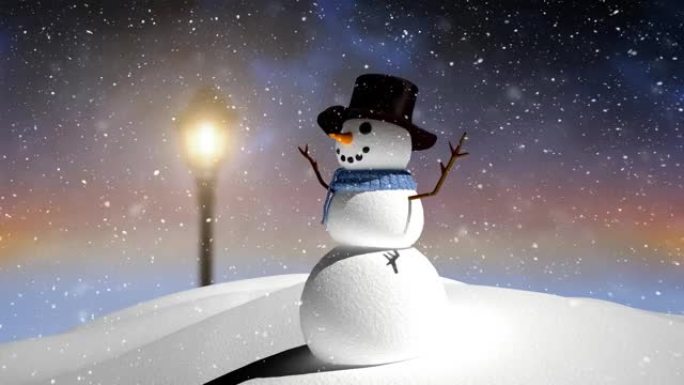 雪落在雪人身上，戴着帽子在冬季景观上