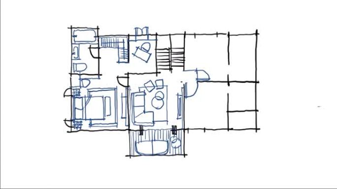创意室内设计师在白色屏幕上绘制室内设计方案-带写意草图的延时