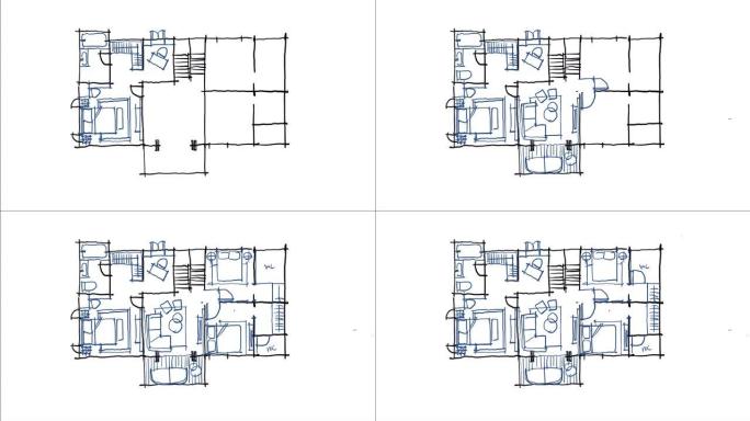 创意室内设计师在白色屏幕上绘制室内设计方案-带写意草图的延时