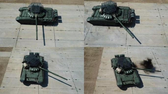 鸟瞰图-重型坦克在移动时跟踪目标