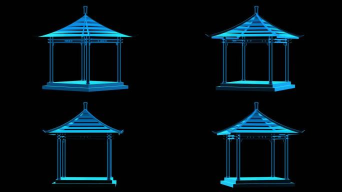 中式风格八角亭全息蓝色科技通道素材