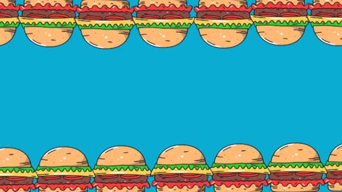 两排芝士汉堡在蓝色背景的顶部和底部移动的动画
