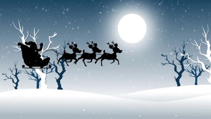 雪落在雪橇上的圣诞老人上，在冬季景观中被驯鹿拉动