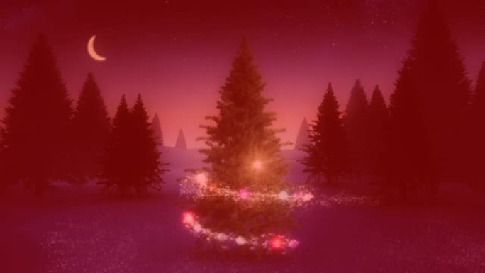 一颗流星围绕着圣诞树，在冬季景观的红色背景下