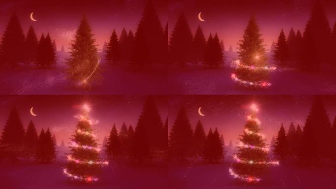 一颗流星围绕着圣诞树，在冬季景观的红色背景下