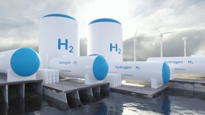 氢气可再生能源生产-清洁电力用氢气太阳能和风力涡轮机设施。