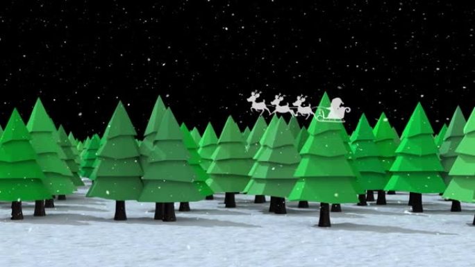 圣诞老人在雪橇上的动画与驯鹿在积雪和枞树上的冬季景观