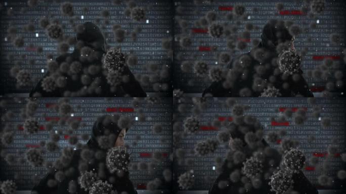 使用笔记本电脑对穿着连帽衫的男子进行macro covid19细胞的动画