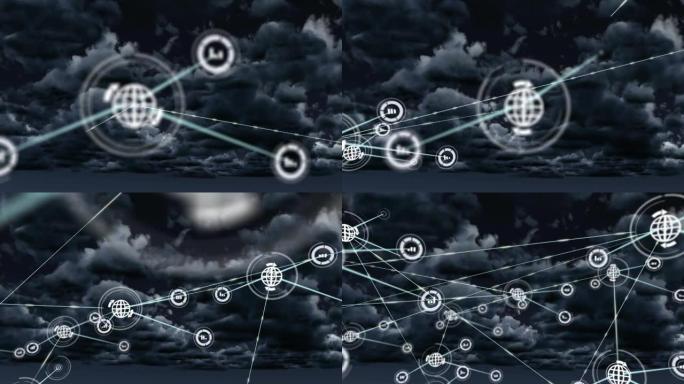 天空上带有图标的连接网络动画