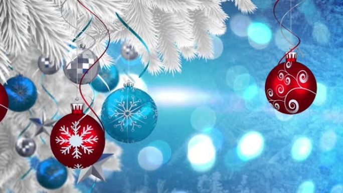 蓝色背景上的圣诞花环上的圣诞树球动画