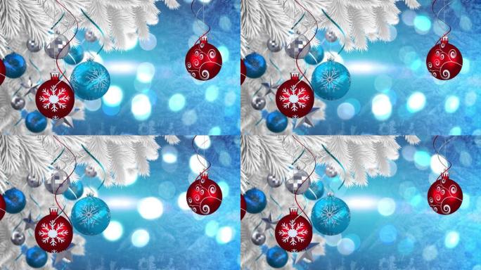 蓝色背景上的圣诞花环上的圣诞树球动画