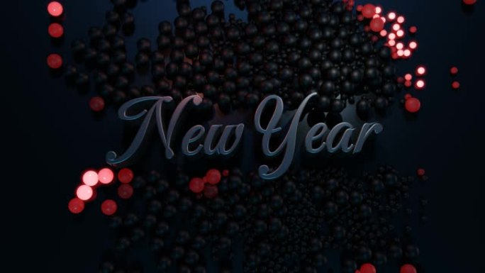 3D新年的环形背景，带有铭文新年和花环，散落在平面上的球点亮，形成美丽的图案。彩光闪烁的波浪。圣诞卡