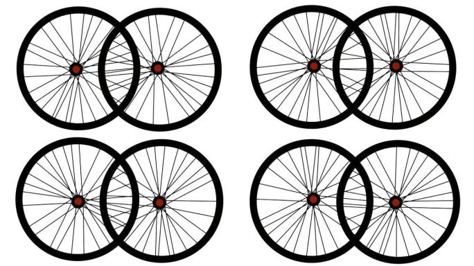 两个自行车车轮在白色背景上孤立地旋转。