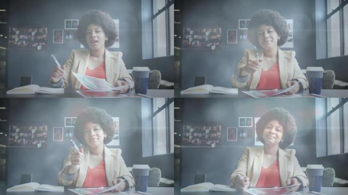 非裔美国女商人有视频通话和微笑的光斑动画