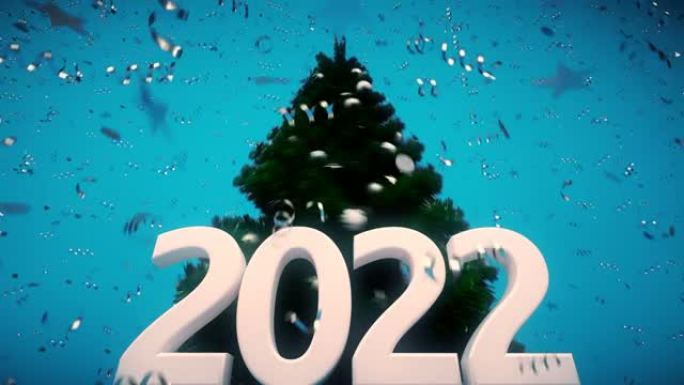循环2022新年概念与圣诞树和倒五彩纸屑在蓝色背景
