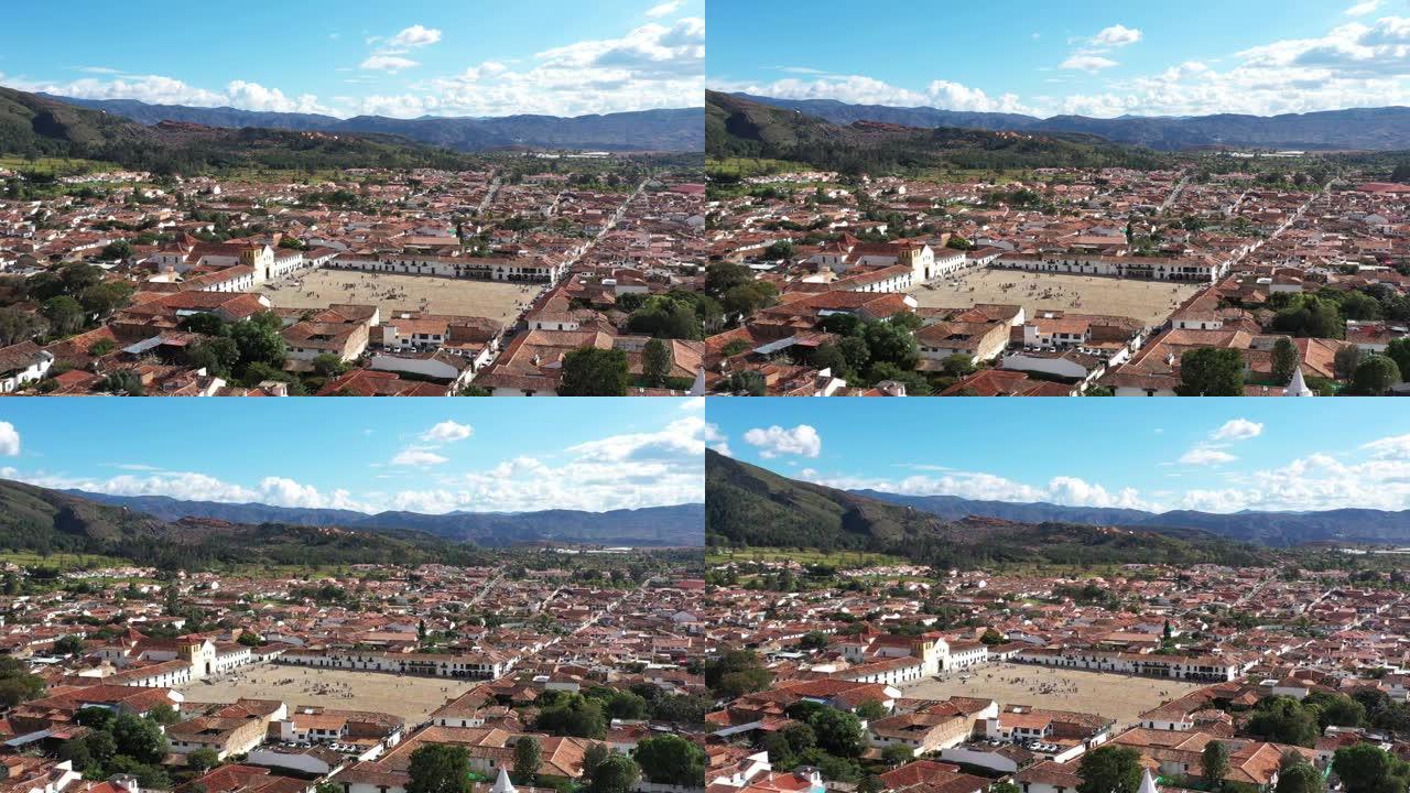 莱瓦别墅 (Villa de Leyva) 镇中央广场的鸟瞰图。哥伦比亚。