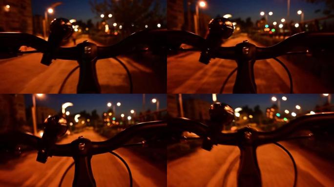 专注于自行车的车把夜间视频。