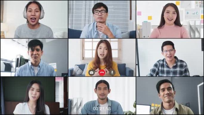 一群年轻的亚洲商人，视频在线电话会议的办公室同事，远程团队会议。在家工作，互联网通信技术，冠状病毒社
