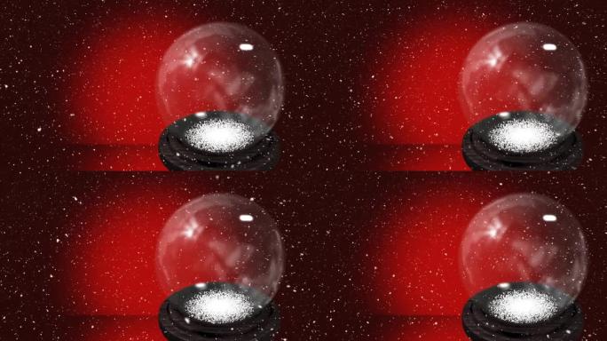 圣诞雪球上的雪花动画，红色背景上有复制空间