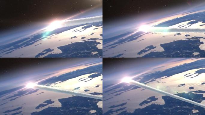 流星小行星进入云层上方的地球大气层