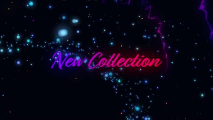 紫色和粉红色文本的新系列动画，黑色上发光的蓝色星星上有痕迹