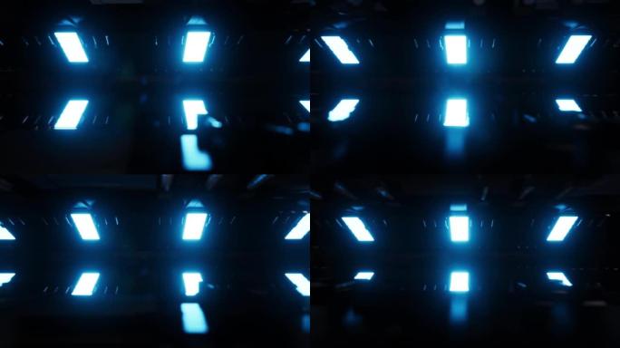 在带有蓝色激光霓虹灯线的未来派金属走廊内飞行，3d渲染