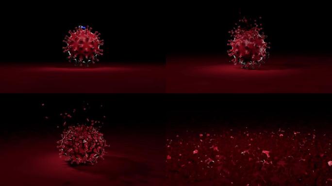 蓝色药丸滴在病毒上并打破它。电晕新型冠状病毒肺炎病毒概念的治疗。3D动画。