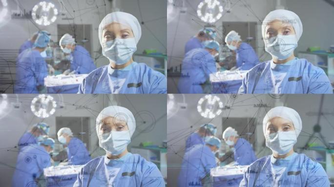 手术室中外科医生的连接网络和数据处理的动画