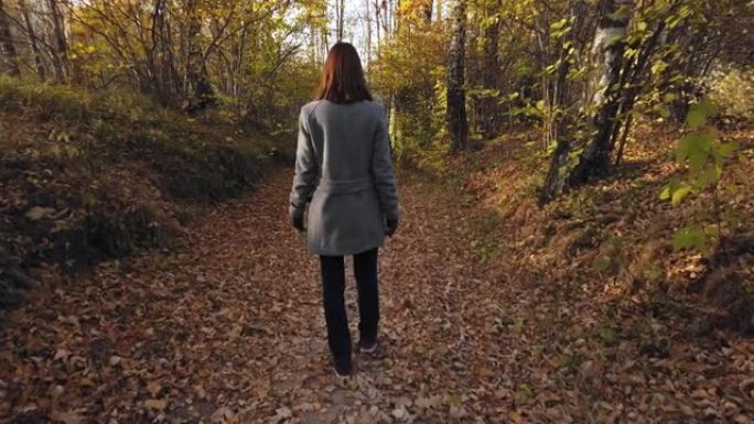 女人在森林小径上的秋叶上行走。后视图。