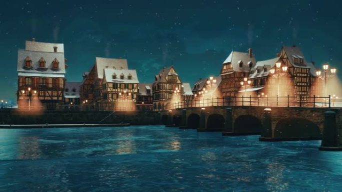 下雪的冬夜河上舒适的中世纪小镇