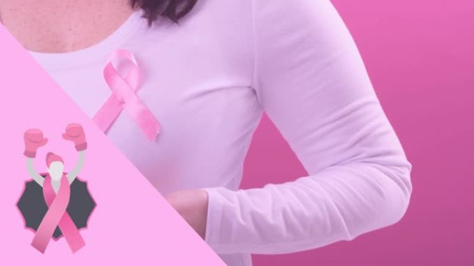 动画的女拳击手和粉红色乳腺癌丝带的白人妇女
