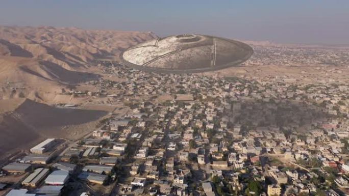 外星飞船ufo在沙漠城市上空盘旋-鸟瞰图