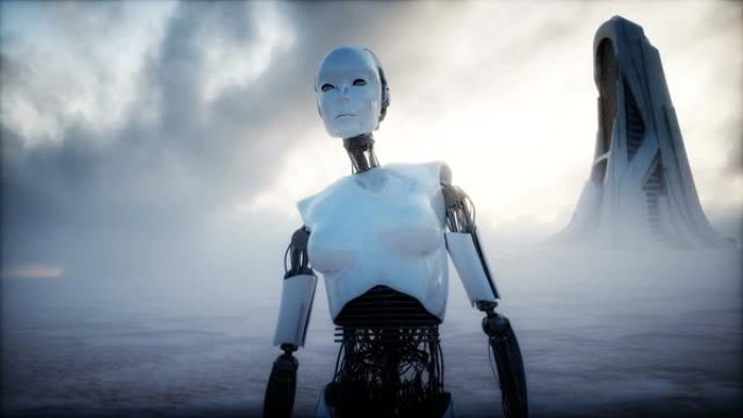 女性机器人与未来城市背景。未来概念。逼真的4k动画。