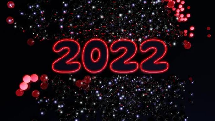 循环新年bg。数字2022和圣诞花环的球或球体散落在平面上，点亮红色并形成美丽的图案。带霓虹灯的4k