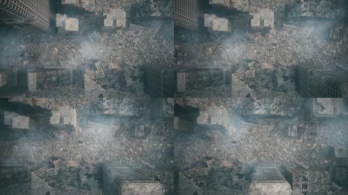 战后被毁的城市。被毁城镇的俯视图。三维可视化