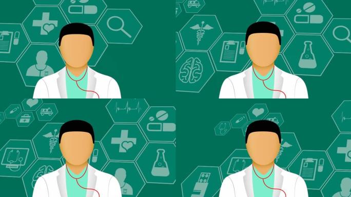 绿色背景下的男性医生图标和多个医学图标的数字动画