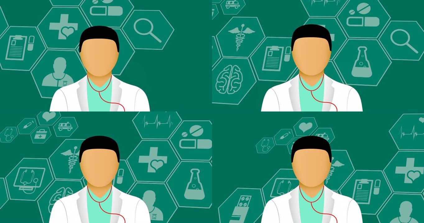 绿色背景下的男性医生图标和多个医学图标的数字动画
