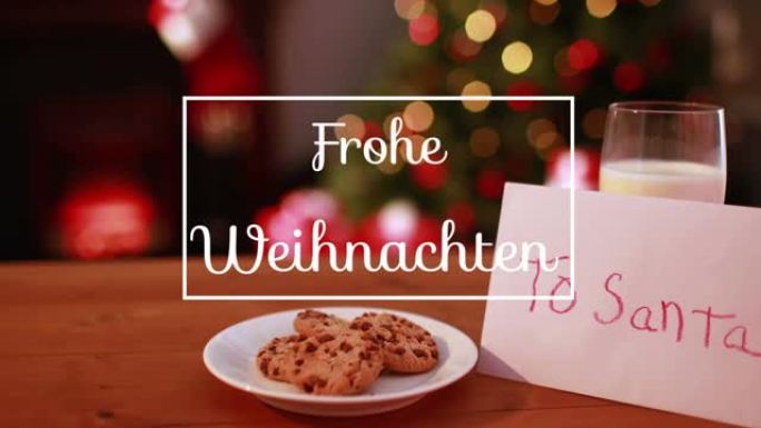 圣诞老人饼干和牛奶框架中的frohe weihnachten问候文本动画