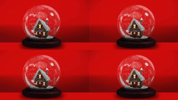 红色背景下雪球中的房屋动画