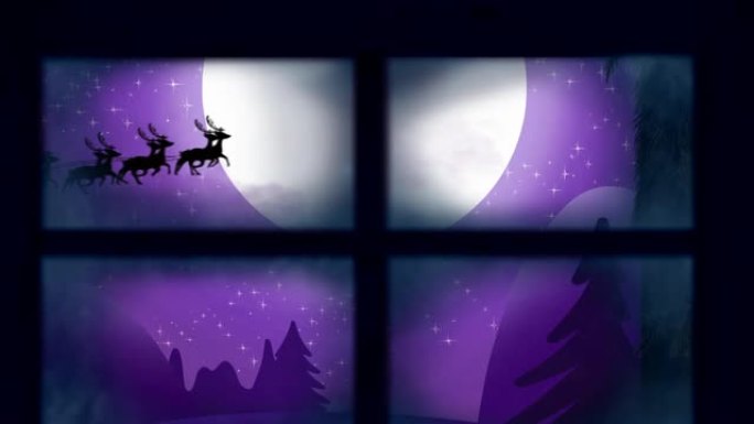 在冬季景观上，驯鹿拉着雪橇上的圣诞老人窗框